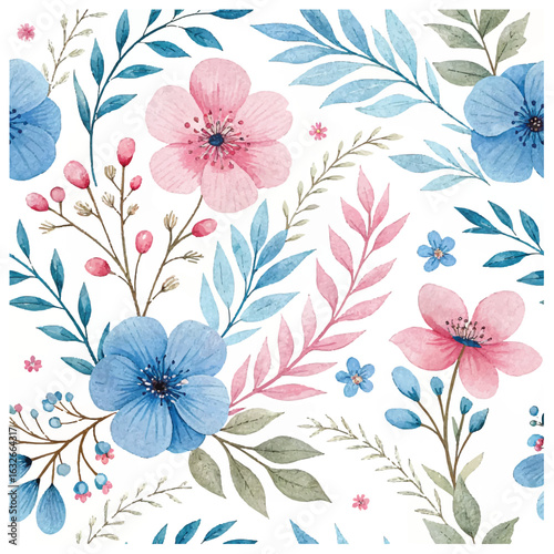 Wallpaper Mural Rustic Watercolor Seamless Floral Design | Abstract Pink & Blue Flowers with Leaves | Vintage-Inspired Pattern for Home Decor & Textiles Torontodigital.ca