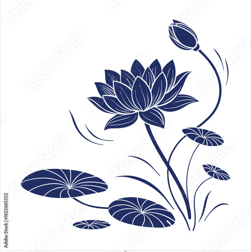 Lotus Flower Blue Illustration with Butterfly
