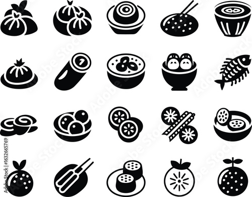 Assorted Chinese Dim Sum and Cuisine Icons Vector Graphic Illustration Set Black and White Design
