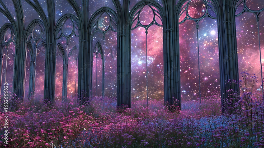 Fototapeta premium Enchanting gothic forest cathedral with mystical lights and falling petals