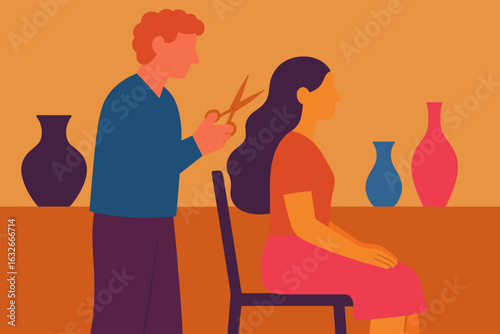 A male sculptor is engaged in crafting a statue in a ceramics class, showcasing the artistic process and handmade craft through flat character design