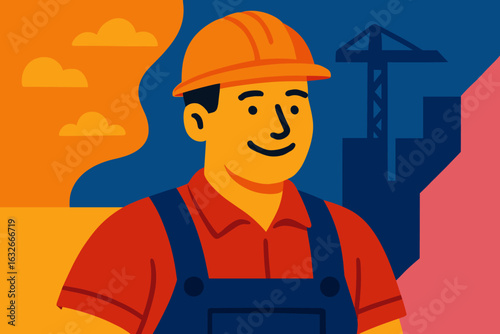 Construction worker cartoon character wearing a hard hat and sporting a mustache, displaying a cheerful smile
