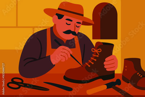 A cobbler fixes footwear made of leather on his worktable, utilizing equipment within a professional environment