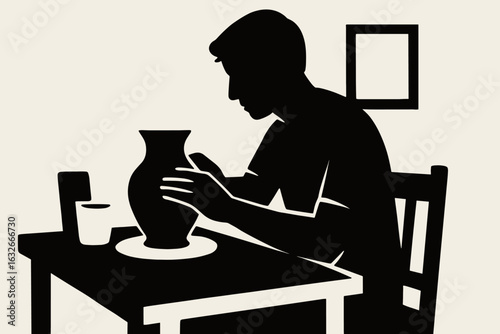 Crafting clay pottery on a wheel is the focus of Potter Silhouette Art at work