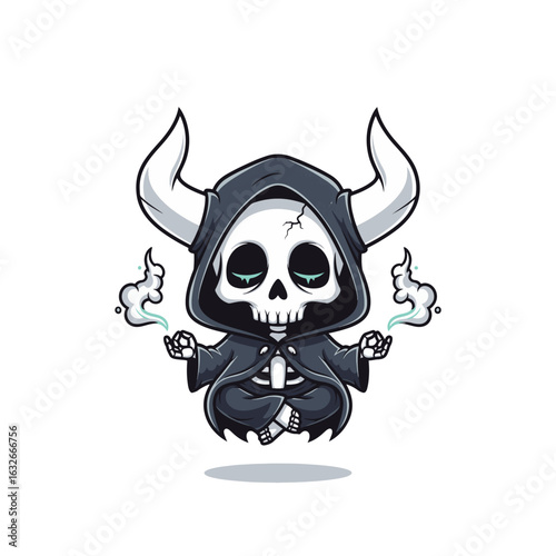 A cute cartoon grim reaper with large horns levitates in a meditative pose, surrounded by mystical smoke, wearing a dark hooded robe on a white background.