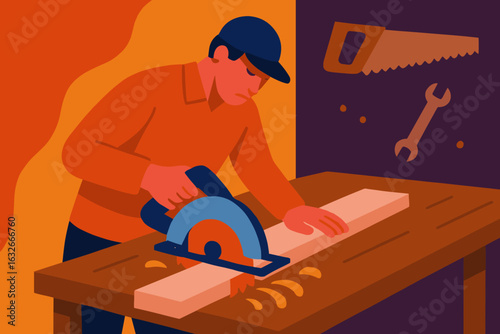 Vector illustration of a carpenter at work represents a woodworking concept for carpentry design in a flat style