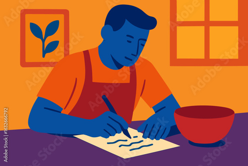 A skilled artisan wearing an apron is meticulously shaping clay into ceramic pieces on a pottery wheel