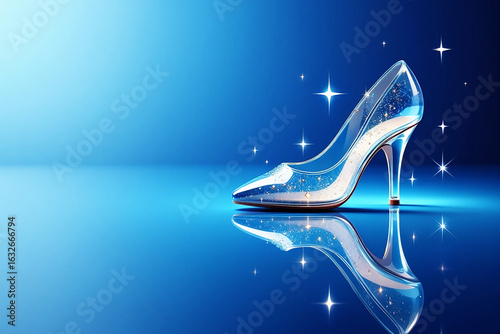 Sparkling glass slipper with blue background shoe heel
