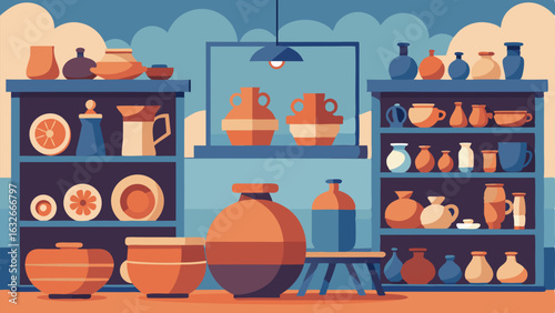 A pottery studio with pottery wheels and shelves filled with finished pieces ready to be displayed in the gallery.