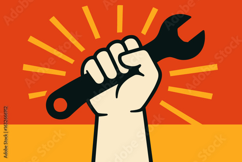 A clenched fist grasping a wrench is depicted in silhouette form against a plain white backdrop