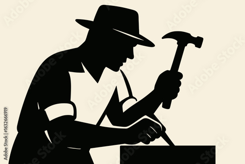 Black silhouette vector illustration of a craftsman hammering a metal block
