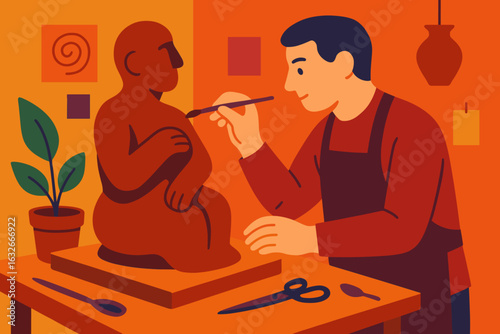 Artist skillfully molds miniature statue using various equipment and imaginative techniques