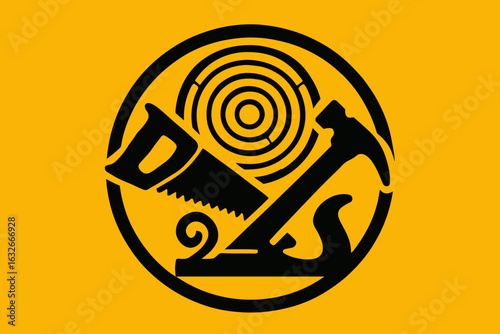 Vector emblem of woodworking carpentry icon featuring saw blade and forest trees for carpenter service, and wood handyman lumber furniture workshop symbol of sawmill blade circle with forest trees