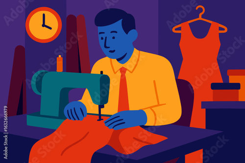 A skilled artisan in a minimalist silhouette style is crafting and designing clothes with a sewing machine as a tailor at work