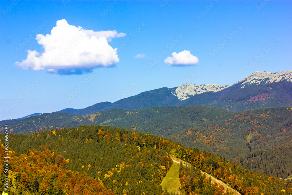 Fototapeta premium Autumn forest with a ski slope cutting through it and mountains. A stunning autumnal landscape showcasing a vibrant forest with a ski slope cutting through the trees and mountains in the background.
