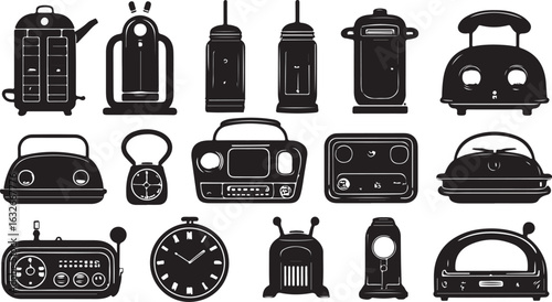 Vintage Appliance Collection Black and White Graphic Assortment Retro Electronics Gadgets Nostalgic Design Elements Kitchen Essentials Technological History