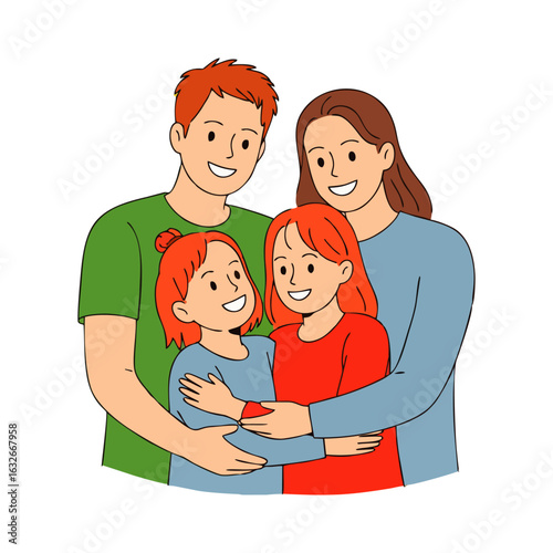 Tender Illustration of Affectionate Parents Hugging Their Two Daughters in Playful, Minimal Line Art With Radiant Warm Tones