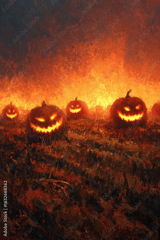 Fototapeta premium Text featuring glowing pumpkin field with menacing expressions