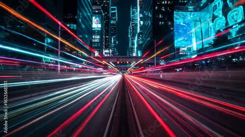 Light trails from vehicles on busy city street at night  