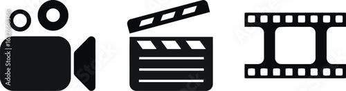 video icons. shooting set icon. Film shooting, camera, old film, clapboard symbol for app, website, design element. movie concept. vector illustration on transparent background