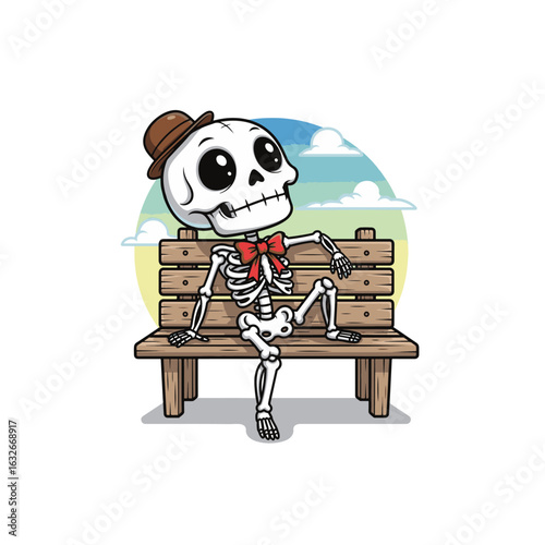 A cute cartoon skeleton with big eyes sits dreamily on a wooden bench under a bright blue sky, surrounded by clouds and stars, lost in thought.