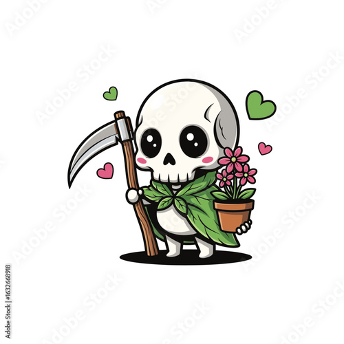 A cute cartoon grim reaper wearing a green hood holds a pink potted flower in one hand and a scythe in the other, blending spooky and sweet in a charming style.