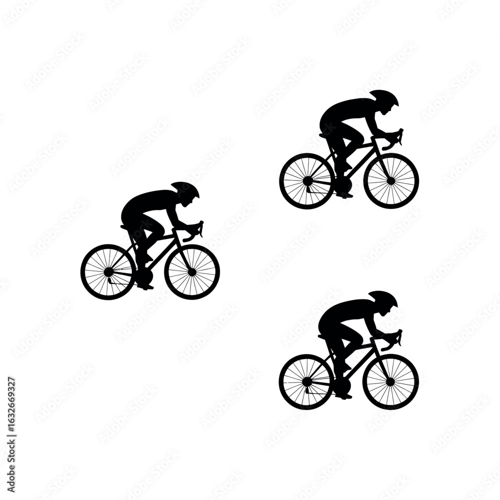 Naklejka premium Three black silhouette cyclists on bicycles on white background cycling sport