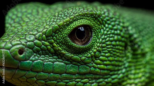 Closeup of a green lizard's eye with textured scales and details  