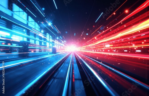 Futuristic light trails with vibrant blue and red streaks creating a sense of speed and motion