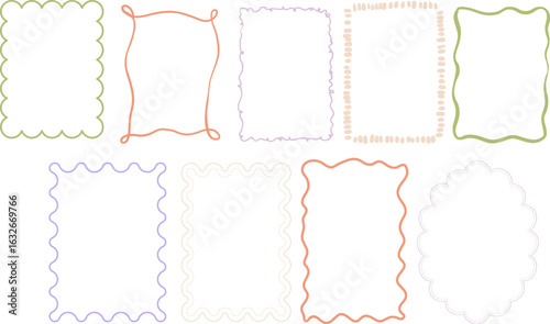 Vector Whimsy Playful wavy coquetish set of colorful frames perfect for invitations, wedding cards, postcards, decor social media.

