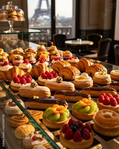 Assorted Colorful Pastries in a Paris Bakery with Eiffel Tower View
