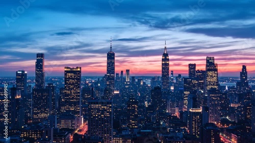 Vibrant city skyline at dusk with colorful clouds and lights  