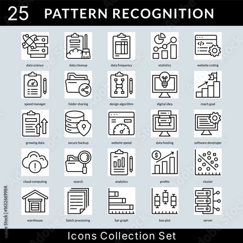 Pattern Recognition icon set collection in outline style. an icon pack contain statistics, website coding, speed manager, folder sharing, design algorithm, digital idea, reach goal, growing data