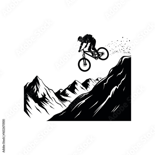 Silhouette of a mountain biker jumping over a rocky terrain extreme sports