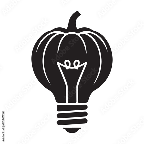 A black and white drawing of a pumpkin shaped lightbulb illustration