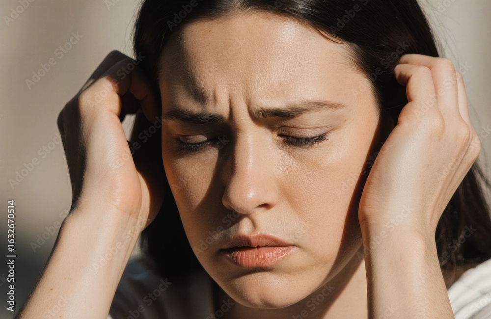 Fototapeta premium Woman experiencing headache or stress, holding her head with a worried expression