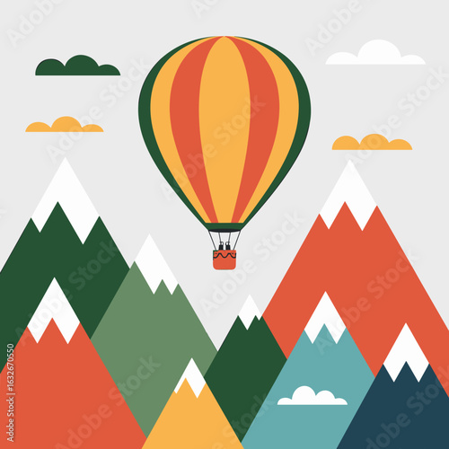 Colorful Hot Air Balloon Flying Over Mountain Landscape