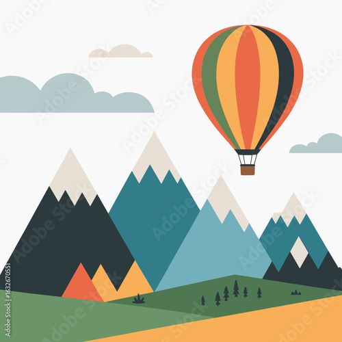 Colorful Hot Air Balloon Flying Over Mountain Landscape
