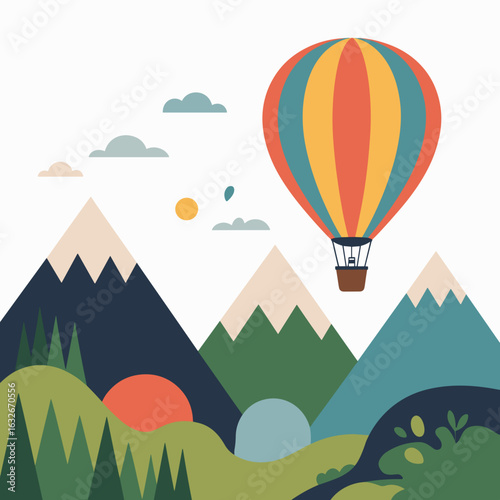 Colorful Hot Air Balloon Flying Over Mountain Landscape