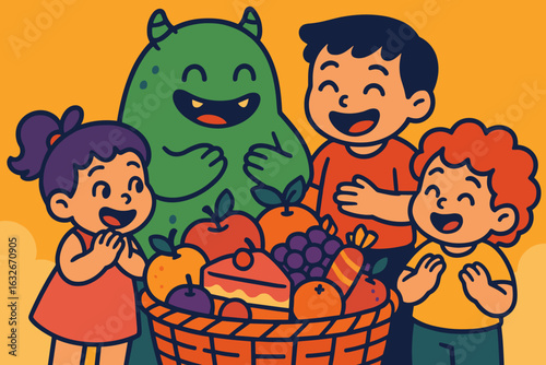 Children are enthusiastically assembling a Halloween candy basket filled with vibrant sweets and ornaments, preparing a customizable cartoon illustration of a Halloween candies basket
