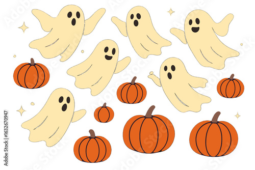Funny Halloween vector art featuring cute cartoon ghosts, bats, and pumpkins in a dark spooky forest