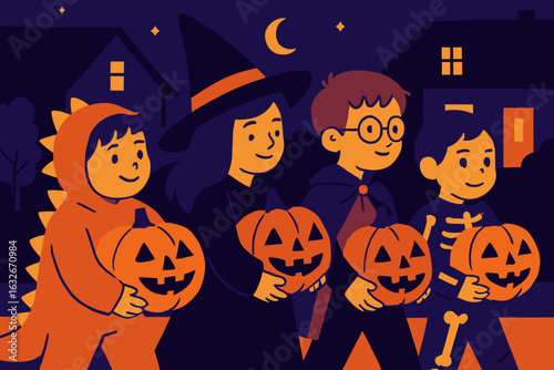 Depiction of youngsters in disguises going from house to house at night under a full moon with residences in the backdrop