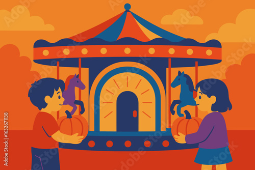 A spooky cartoon Halloween setting featuring children, decorated pumpkins, an archway, and a staircase that leads up to a foreboding dark doorway