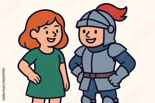 A vector cartoon illustration depicts children dressed in medieval attire as knights and princesses