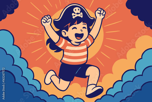 A dancing little pirate girl with a cocked hat and a skull is depicted as a redhead kid in a Halloween costume, laughing, as a vector character for parties, invitations, websites, and mascots