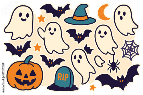 A spooky Halloween vector set featuring cartoon icons such as pumpkins, ghosts, bats, and witches, ideal for designing autumn holidays