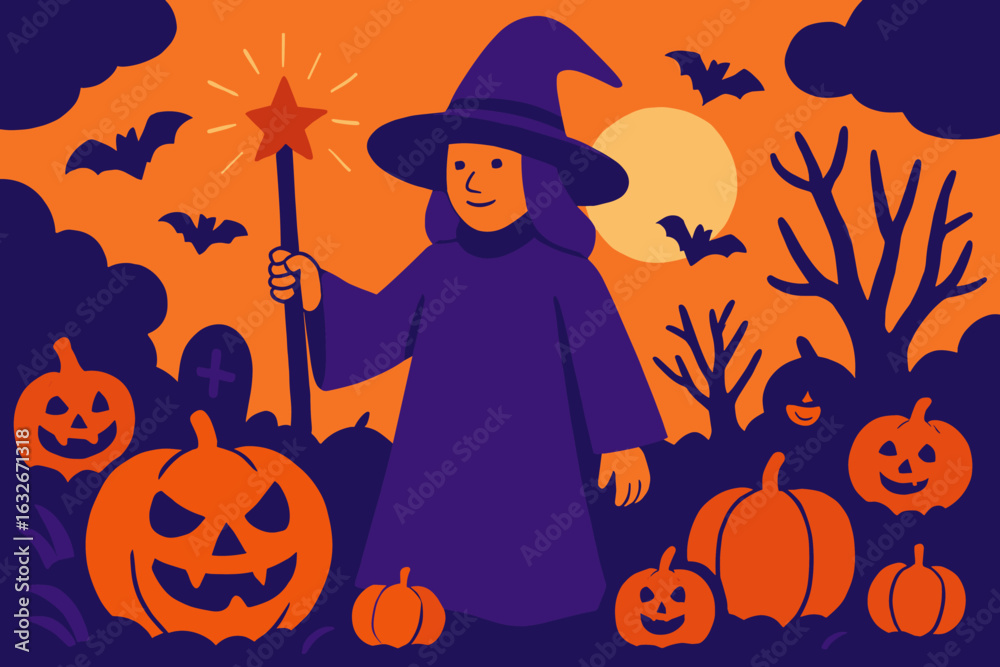 Fototapeta premium Fun line art for coloring featuring a Halloween witch surrounded by pumpkins, bats, and a full moon