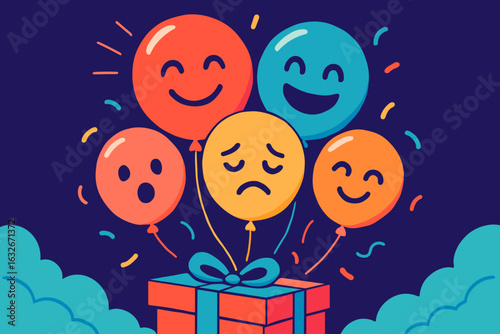 Amusing Halloween setting featuring grinning pumpkin balloons, pumpkins, and a wrapped gift box