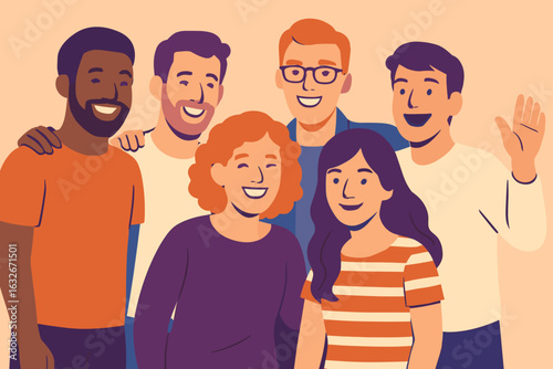 Vector illustration of smiling diverse multiethnic friends standing together, hugging, and posing to show international friendship and unity, enjoying their time together in a display of diversity