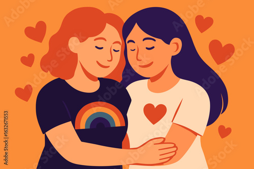 Vector illustration of LGBTQ same-sex couple embracing, symbolizing unity and equal love for design, social media, and the LGBT community, created with isolate hand doodle drawings